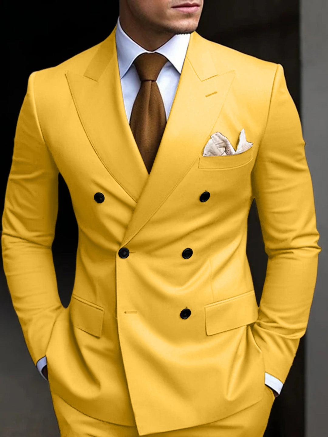 Men's black tailored fit suit featuring a double-breasted six-button closure, crafted from a comfortable cotton blend, presented as a two-piece set. 13