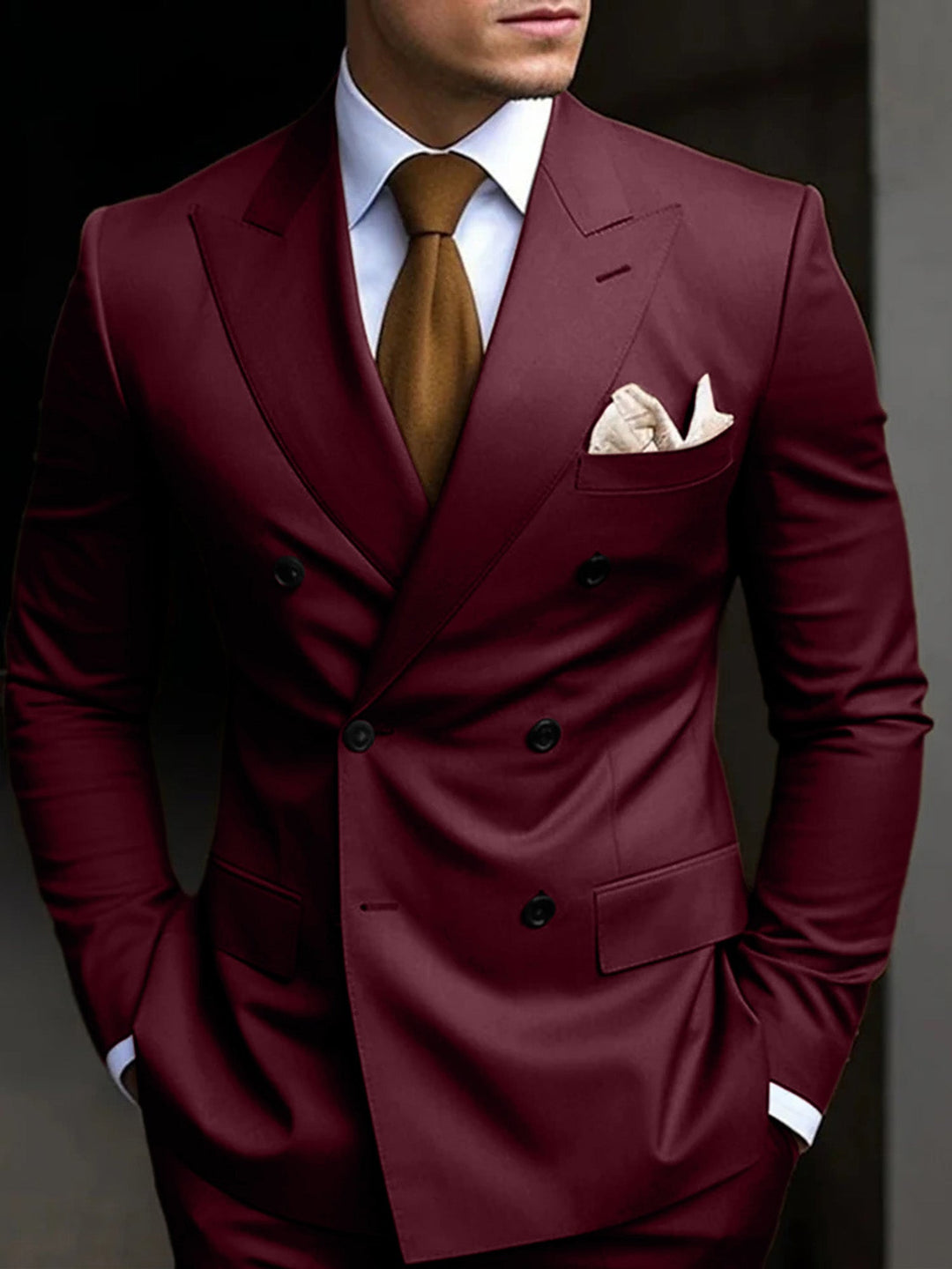 Men's black tailored fit suit featuring a double-breasted six-button closure, crafted from a comfortable cotton blend, presented as a two-piece set. 2