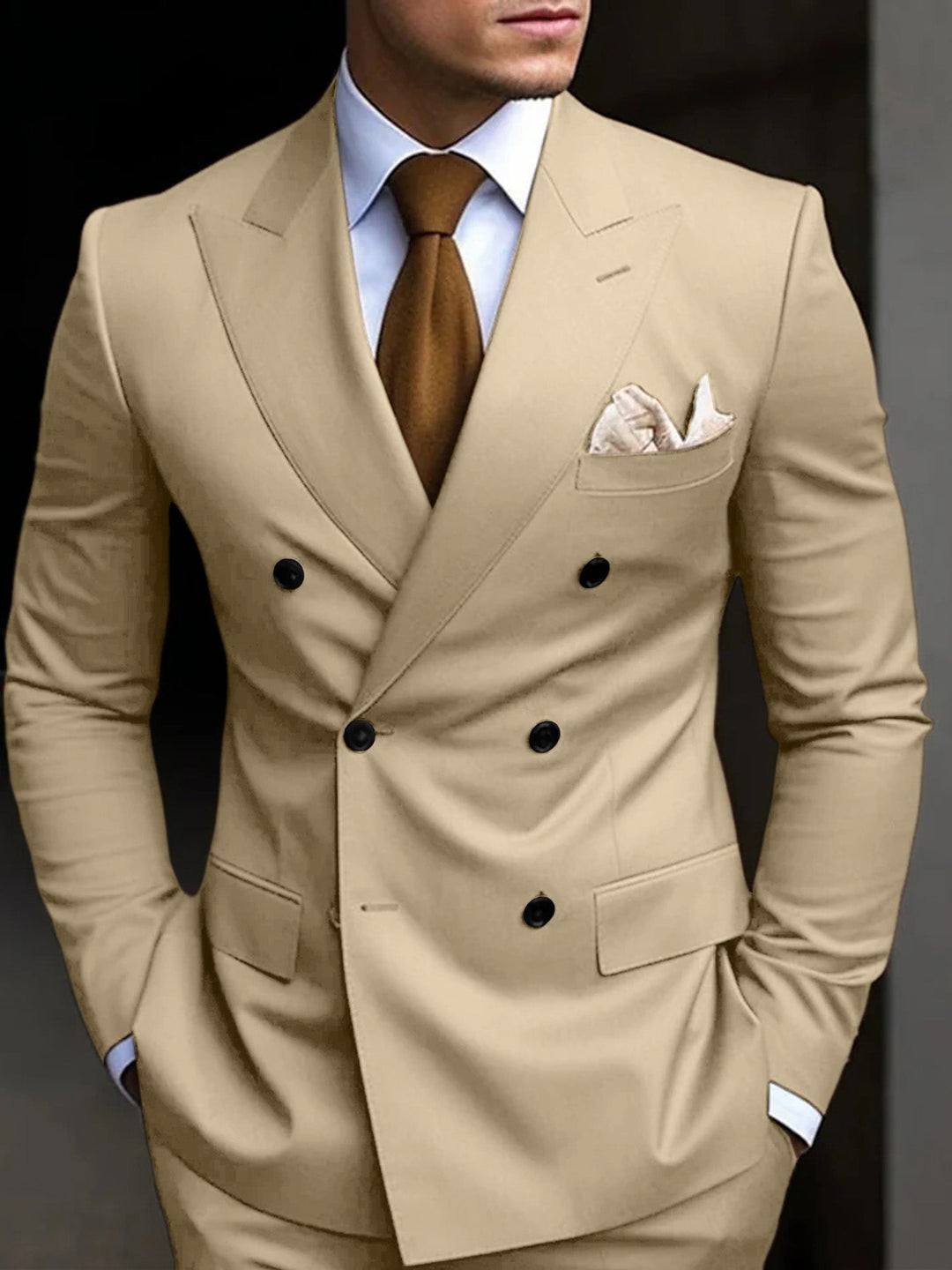 Men's black tailored fit suit featuring a double-breasted six-button closure, crafted from a comfortable cotton blend, presented as a two-piece set. 3