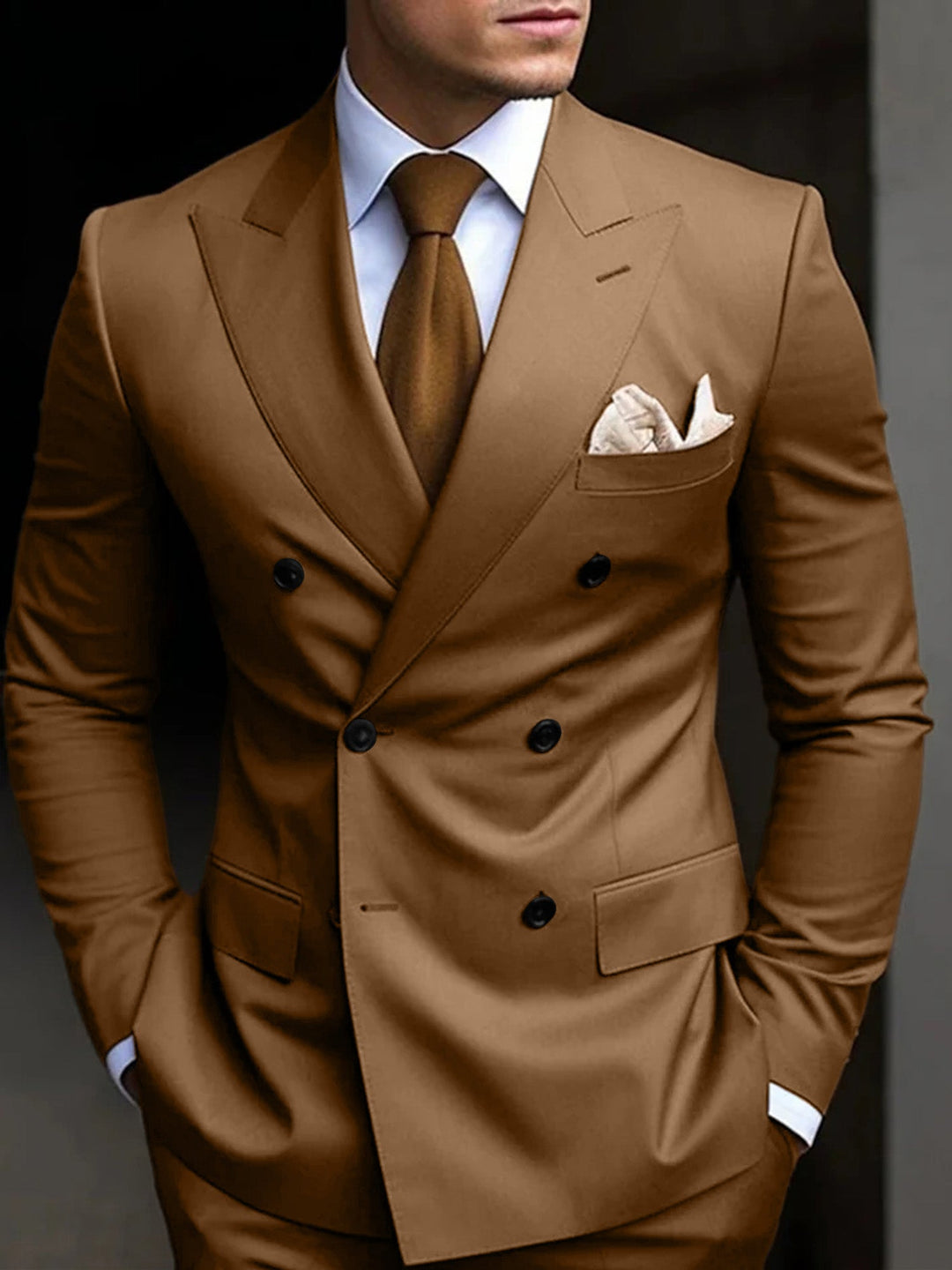 Men's black tailored fit suit featuring a double-breasted six-button closure, crafted from a comfortable cotton blend, presented as a two-piece set. 5