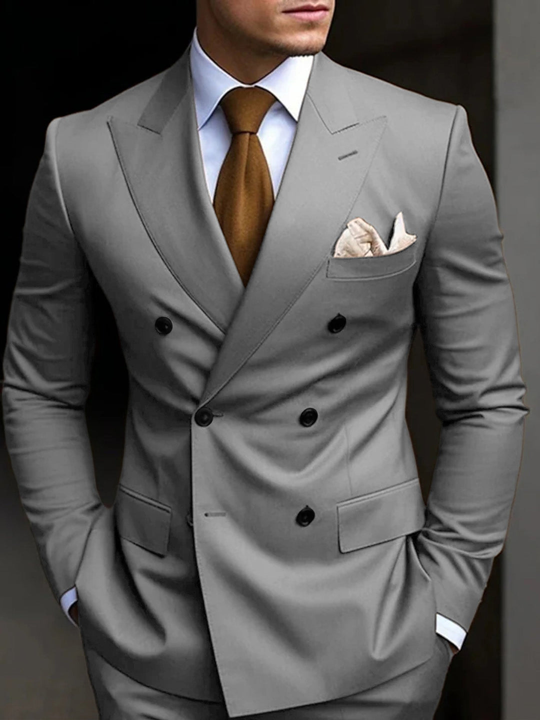 Men's black tailored fit suit featuring a double-breasted six-button closure, crafted from a comfortable cotton blend, presented as a two-piece set. 6
