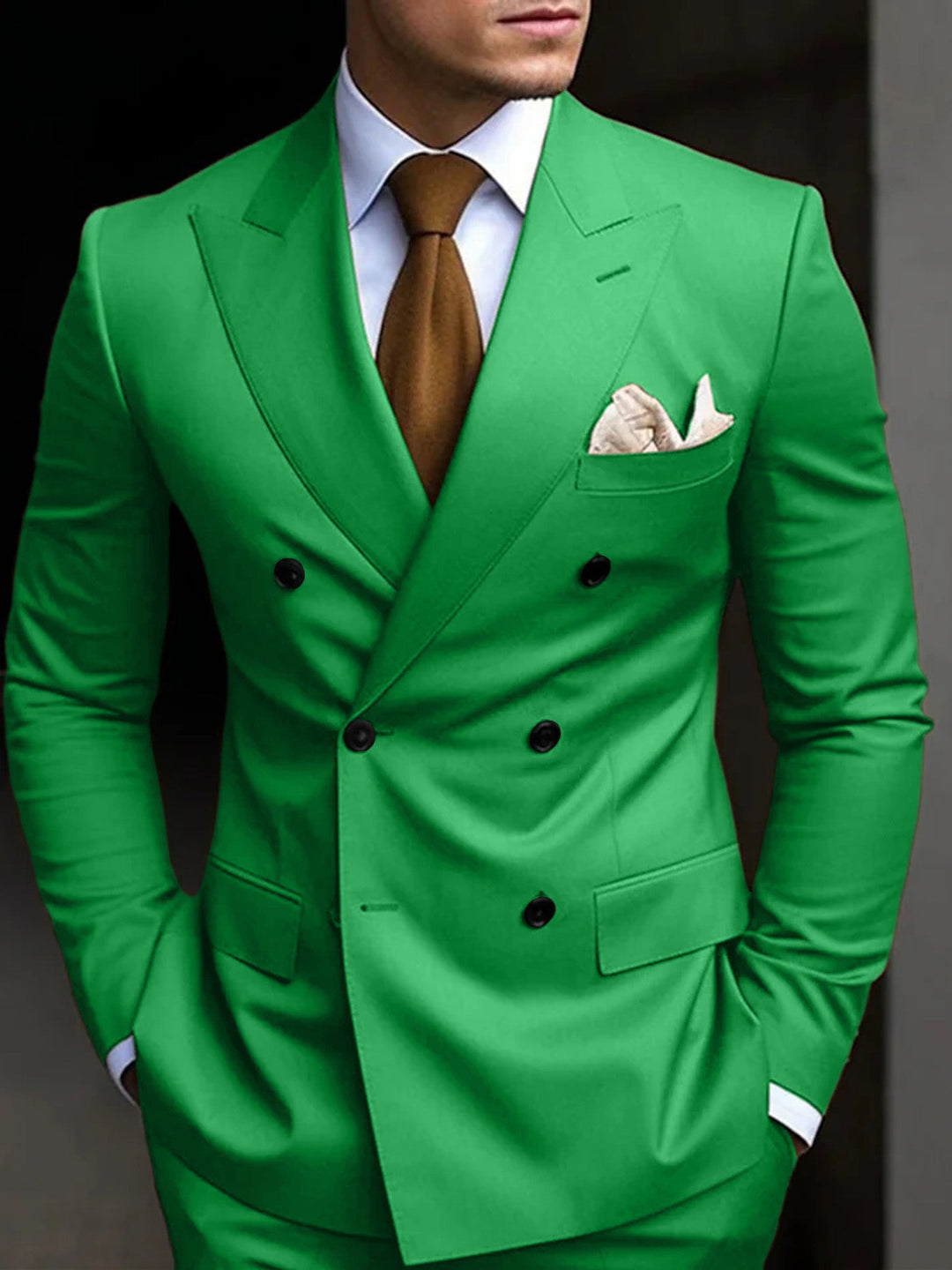 Men's black tailored fit suit featuring a double-breasted six-button closure, crafted from a comfortable cotton blend, presented as a two-piece set. 7