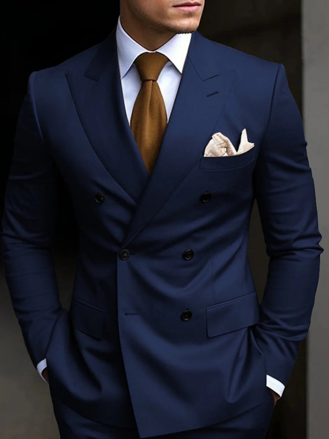 Men's black tailored fit suit featuring a double-breasted six-button closure, crafted from a comfortable cotton blend, presented as a two-piece set. 8
