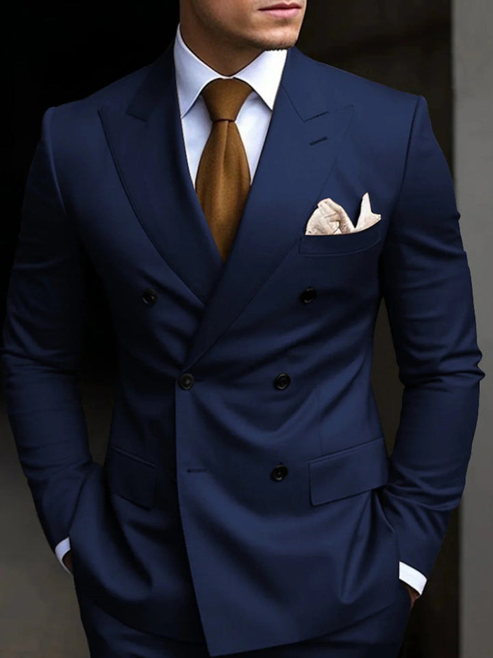 Men's black tailored fit suit featuring a double-breasted six-button closure, crafted from a comfortable cotton blend, presented as a two-piece set. 8