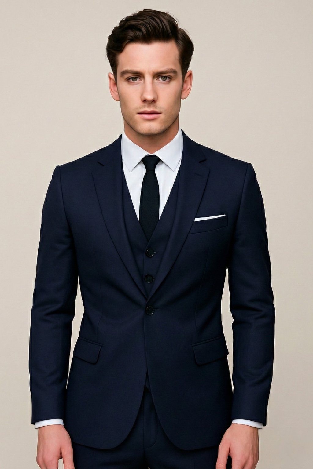 Men's slim fit formal wedding suit featuring a tailored blazer, waistcoat, and trousers, ideal for groomsmen. 0