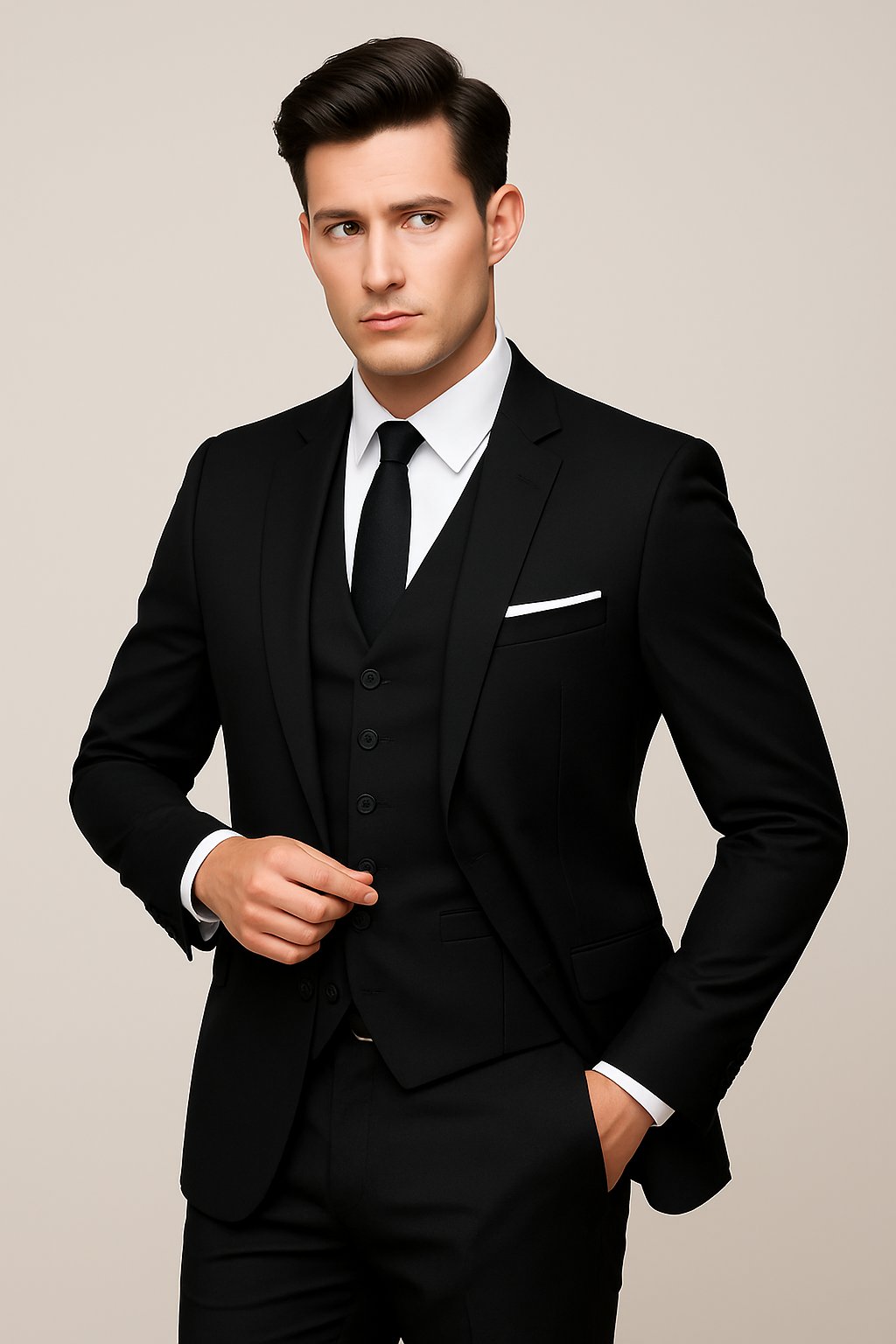 Men's slim fit formal wedding suit featuring a tailored blazer, waistcoat, and trousers, ideal for groomsmen. 1