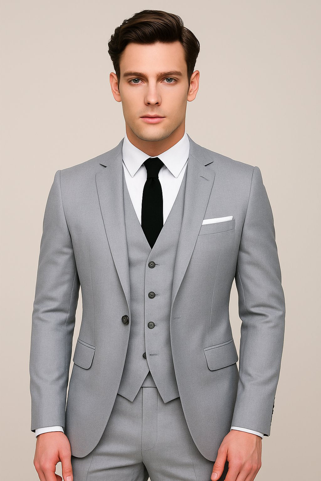 Men's slim fit formal wedding suit featuring a tailored blazer, waistcoat, and trousers, ideal for groomsmen. 2