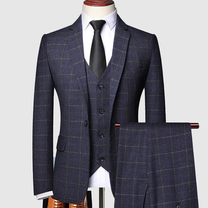 Men's three-piece suit featuring a stylish windowpane check pattern, designed for weddings and formal events, crafted from high-quality fabric for a tailored fit. 0