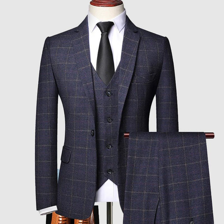 Men's three-piece suit featuring a stylish windowpane check pattern, designed for weddings and formal events, crafted from high-quality fabric for a tailored fit. 0