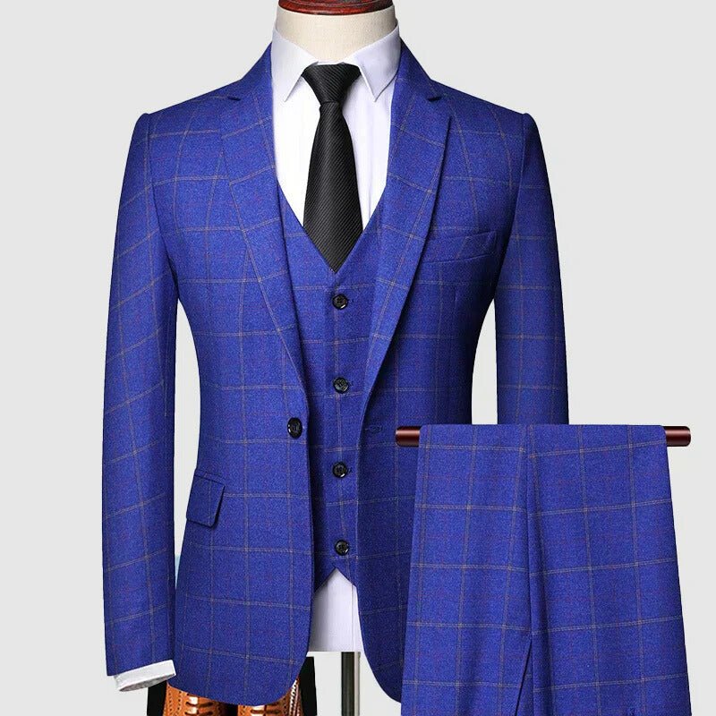 Men's three-piece suit featuring a stylish windowpane check pattern, designed for weddings and formal events, crafted from high-quality fabric for a tailored fit. 1