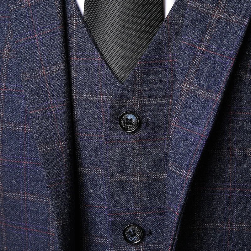 Men's three-piece suit featuring a stylish windowpane check pattern, designed for weddings and formal events, crafted from high-quality fabric for a tailored fit. 4
