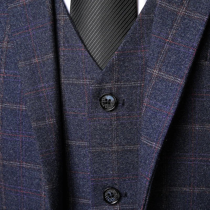 Men's three-piece suit featuring a stylish windowpane check pattern, designed for weddings and formal events, crafted from high-quality fabric for a tailored fit. 4