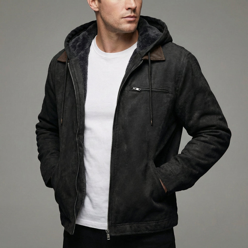 Men's winter coat featuring zipper pockets, designed for durability and casual outdoor wear, available in black, grey, and olive colors. 1