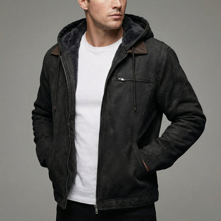 Men's winter coat featuring zipper pockets, designed for durability and casual outdoor wear, available in black, grey, and olive colors. 1