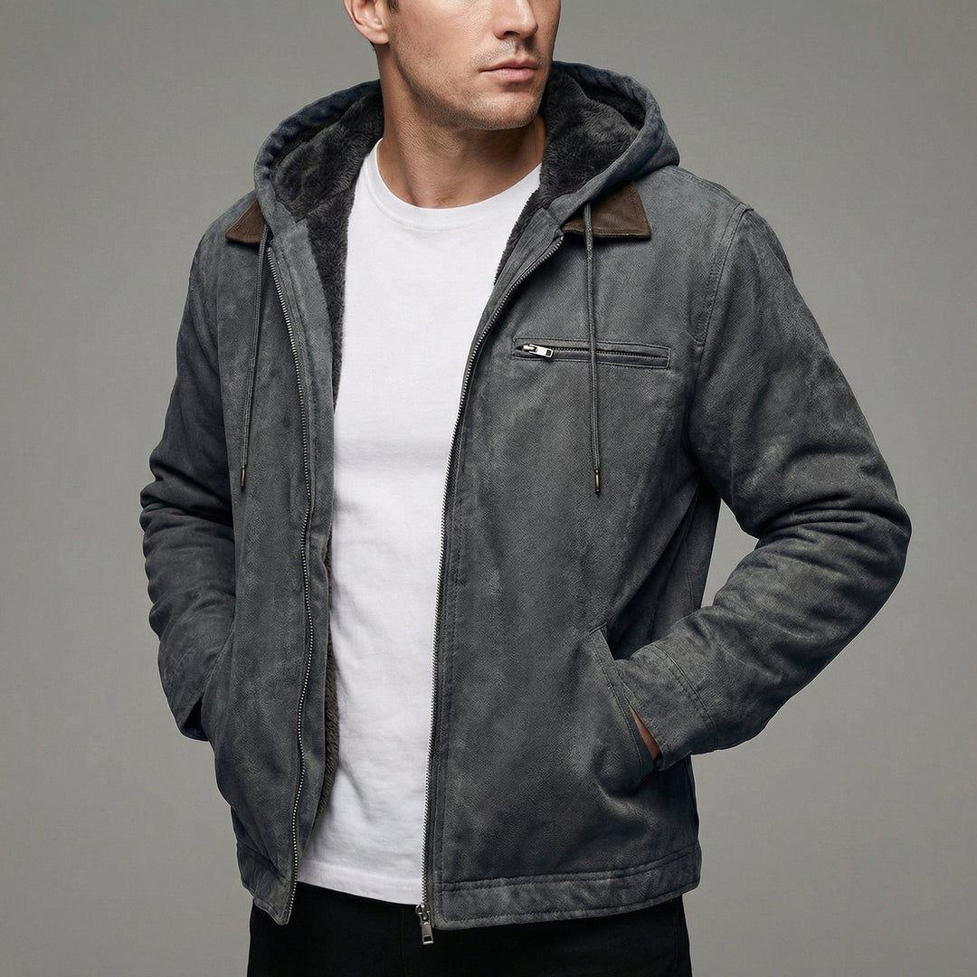Men's winter coat featuring zipper pockets, designed for durability and casual outdoor wear, available in black, grey, and olive colors. 2