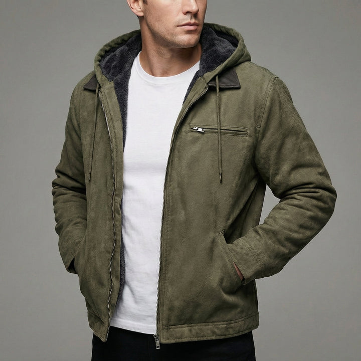 Men's winter coat featuring zipper pockets, designed for durability and casual outdoor wear, available in black, grey, and olive colors. 3
