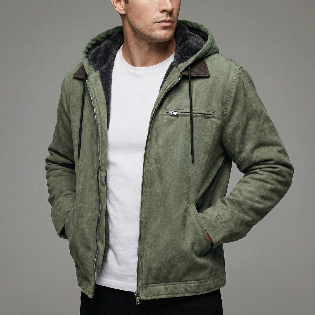 Men's winter coat featuring zipper pockets, designed for durability and casual outdoor wear, available in black, grey, and olive colors. 4