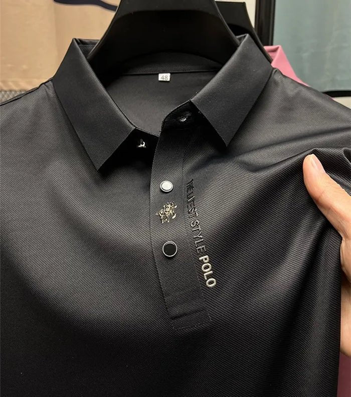 Men's wrinkle-free polo shirt made of stretch cotton, featuring a classic short sleeve design in various colors, perfect for casual or business casual wear. 1