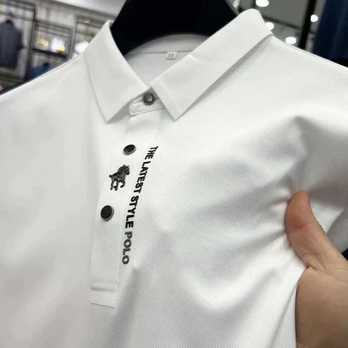 Men's wrinkle-free polo shirt made of stretch cotton, featuring a classic short sleeve design in various colors, perfect for casual or business casual wear. 2