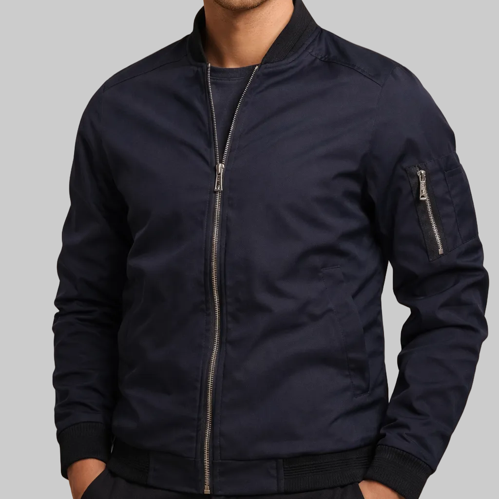 Men’s Zipped Bomber Jacket with Ribbed Collar