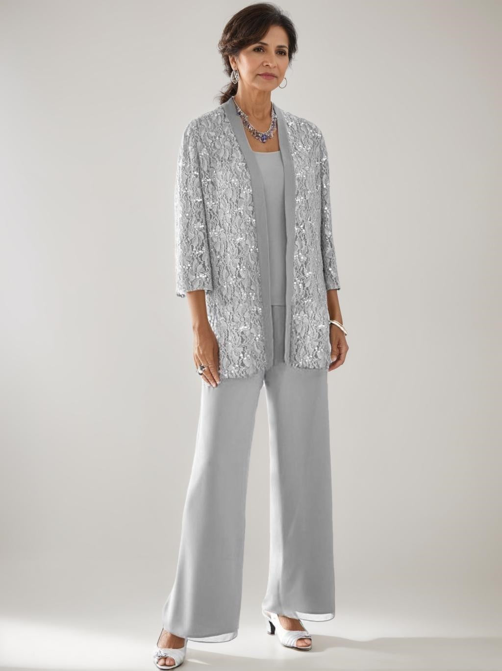 Elegant Mother of the Bride pantsuit featuring lace and sequins, a stylish 3-piece ankle-length chiffon set available in multiple colors. 0