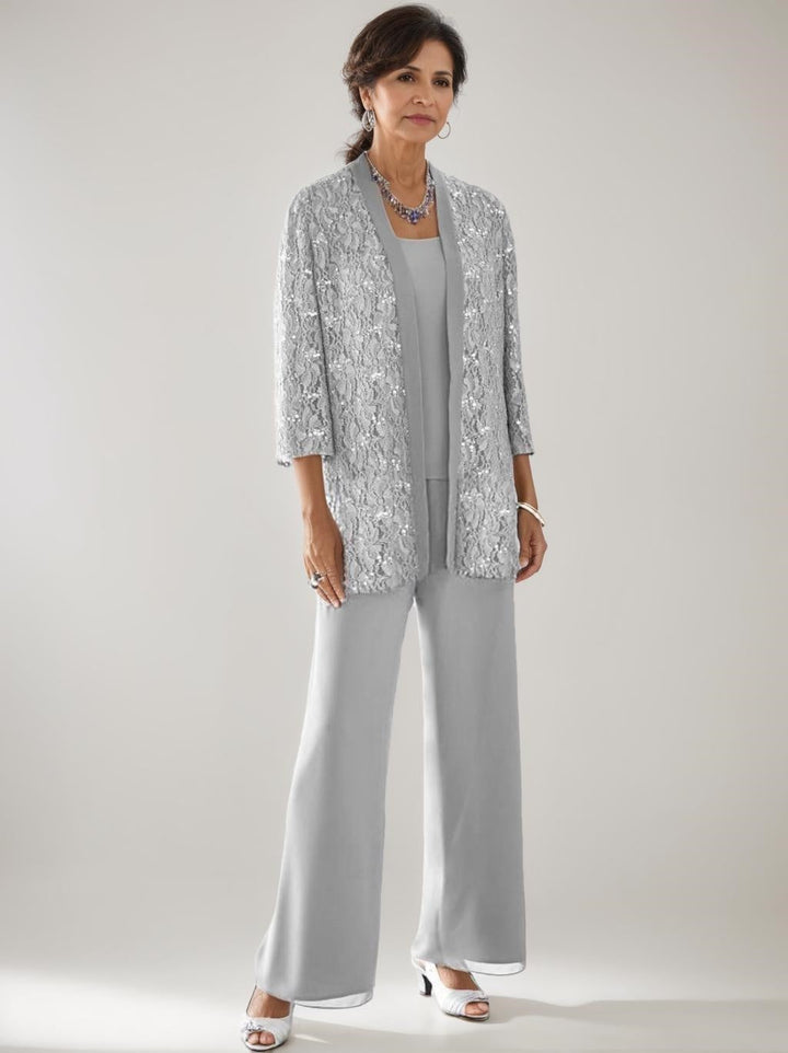 Elegant Mother of the Bride pantsuit featuring lace and sequins, a stylish 3-piece ankle-length chiffon set available in multiple colors. 0
