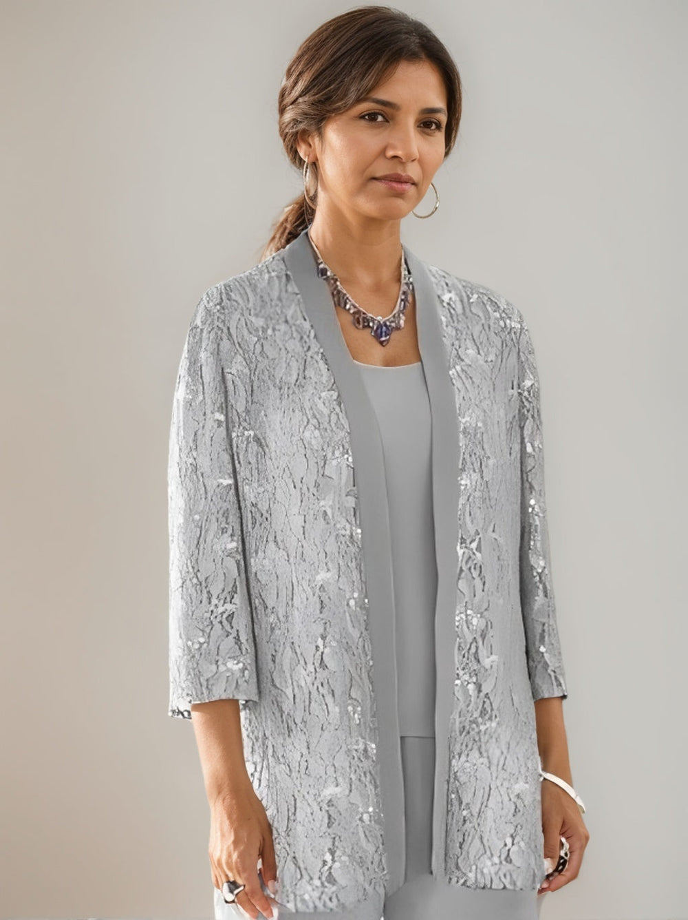Elegant Mother of the Bride pantsuit featuring lace and sequins, a stylish 3-piece ankle-length chiffon set available in multiple colors. 1