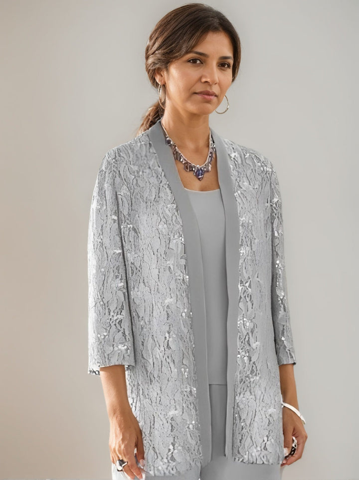 Elegant Mother of the Bride pantsuit featuring lace and sequins, a stylish 3-piece ankle-length chiffon set available in multiple colors. 1