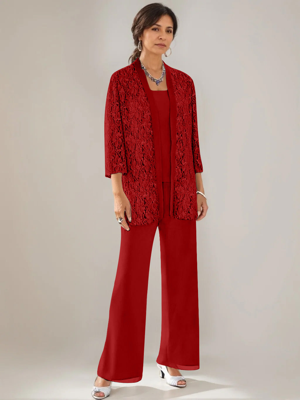 Elegant Mother of the Bride pantsuit featuring lace and sequins, a stylish 3-piece ankle-length chiffon set available in multiple colors. 12