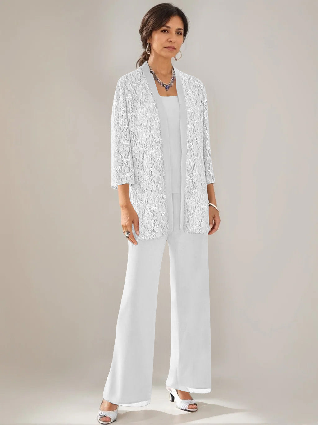 Elegant Mother of the Bride pantsuit featuring lace and sequins, a stylish 3-piece ankle-length chiffon set available in multiple colors. 21