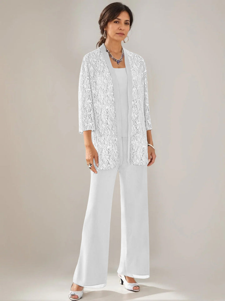 Elegant Mother of the Bride pantsuit featuring lace and sequins, a stylish 3-piece ankle-length chiffon set available in multiple colors. 21