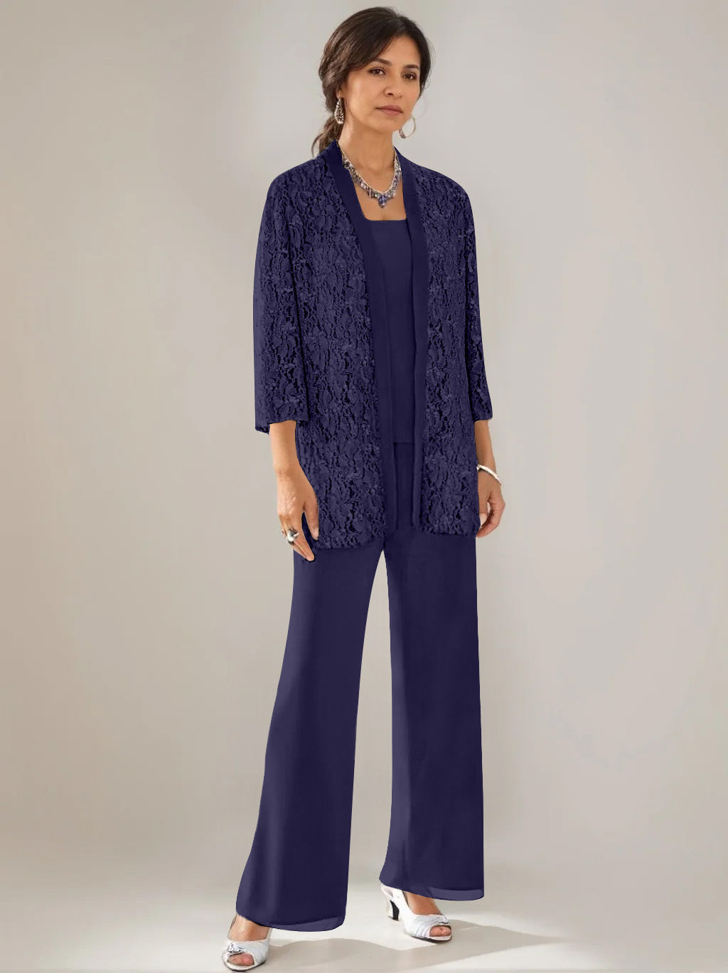Elegant Mother of the Bride pantsuit featuring lace and sequins, a stylish 3-piece ankle-length chiffon set available in multiple colors. 26