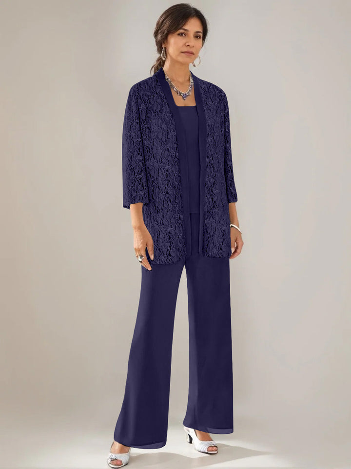 Elegant Mother of the Bride pantsuit featuring lace and sequins, a stylish 3-piece ankle-length chiffon set available in multiple colors. 26