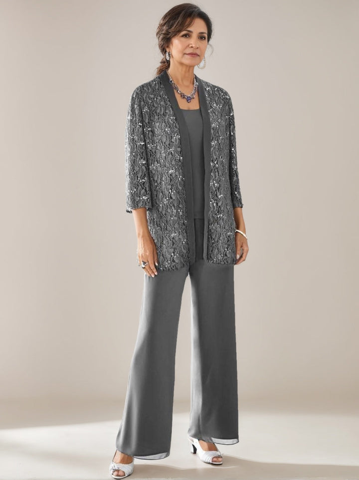 Elegant Mother of the Bride pantsuit featuring lace and sequins, a stylish 3-piece ankle-length chiffon set available in multiple colors. 4