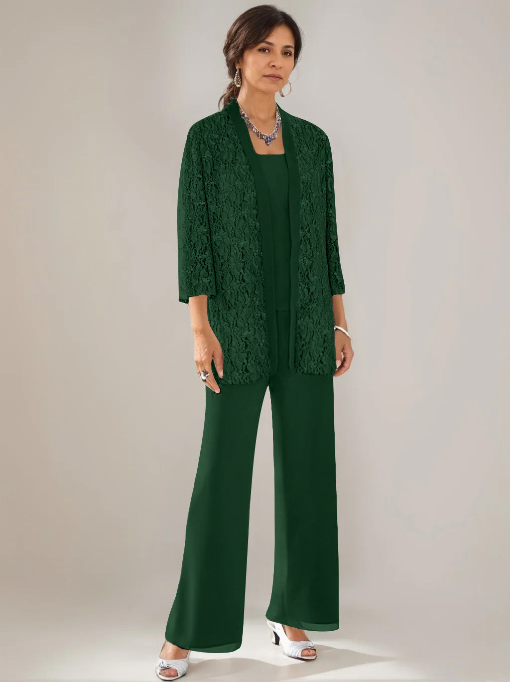 Elegant Mother of the Bride pantsuit featuring lace and sequins, a stylish 3-piece ankle-length chiffon set available in multiple colors. 45