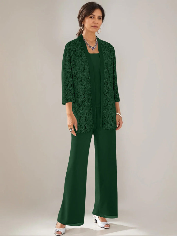 Elegant Mother of the Bride pantsuit featuring lace and sequins, a stylish 3-piece ankle-length chiffon set available in multiple colors. 45