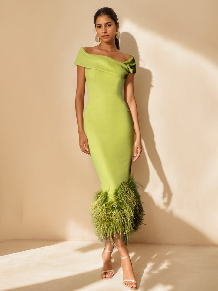Off-the-Shoulder Mother of the Bride Dress with Feather Trim – Elegant Light Green Satin Tea-Length Gown 0