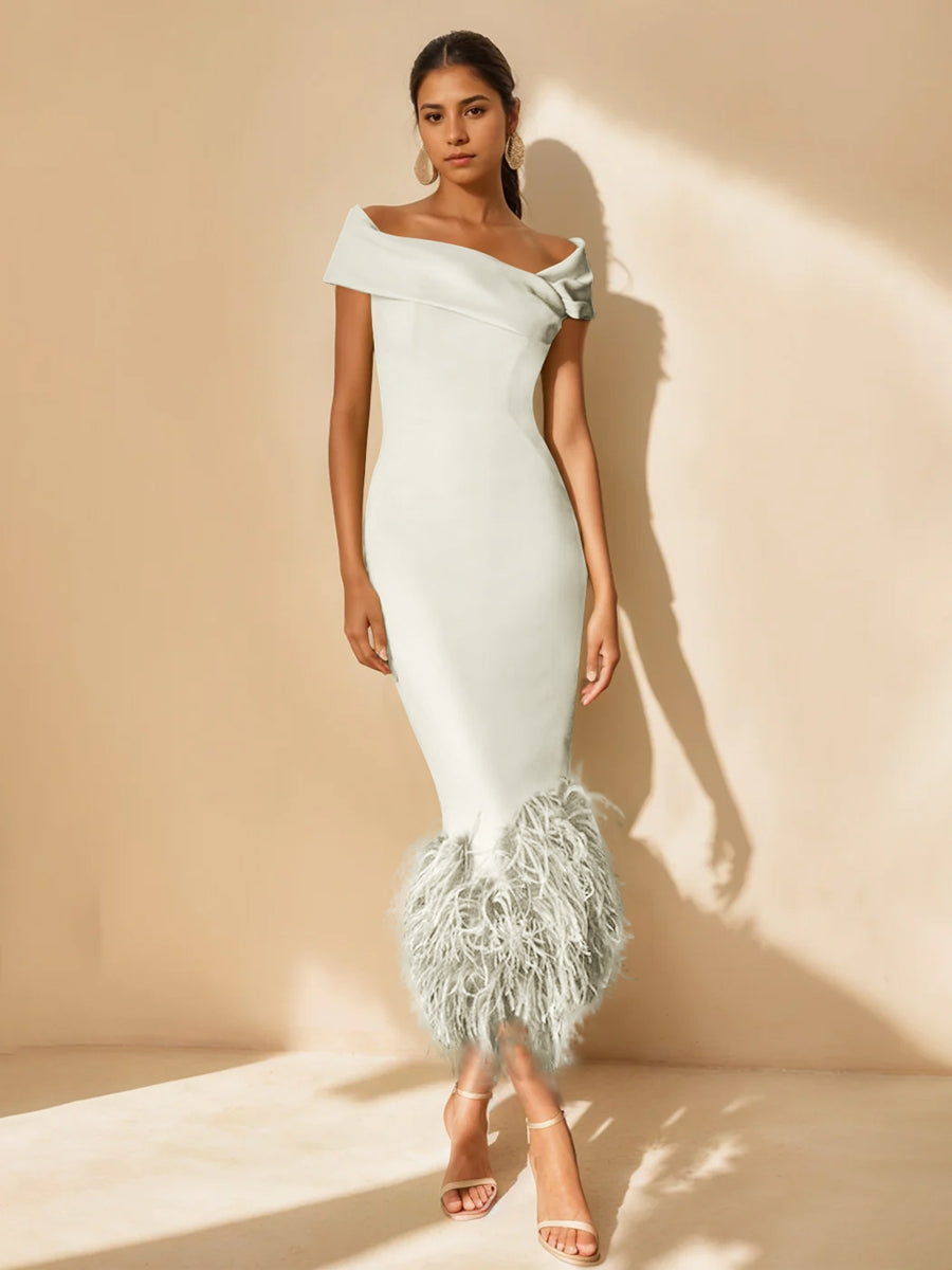Off-the-Shoulder Mother of the Bride Dress with Feather Trim – Elegant Light Green Satin Tea-Length Gown 23