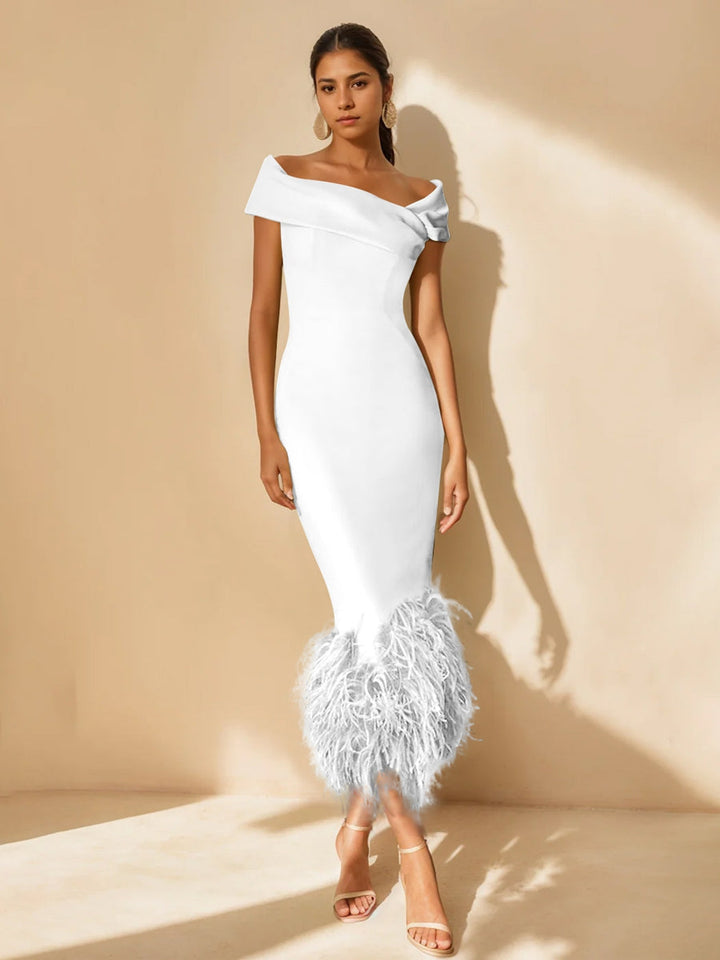 Off-the-Shoulder Mother of the Bride Dress with Feather Trim – Elegant Light Green Satin Tea-Length Gown 36