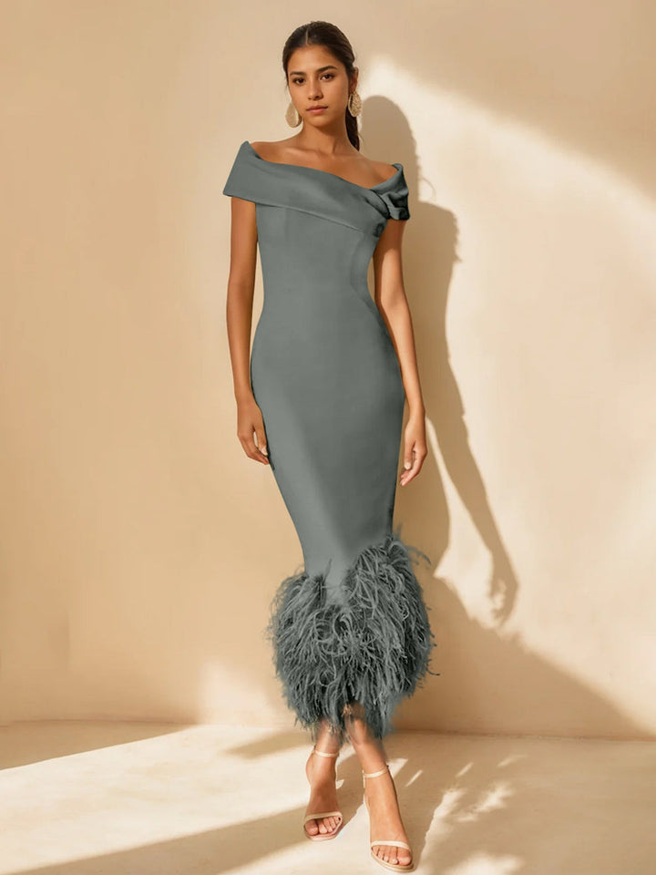 Off-the-Shoulder Mother of the Bride Dress with Feather Trim – Elegant Light Green Satin Tea-Length Gown 38