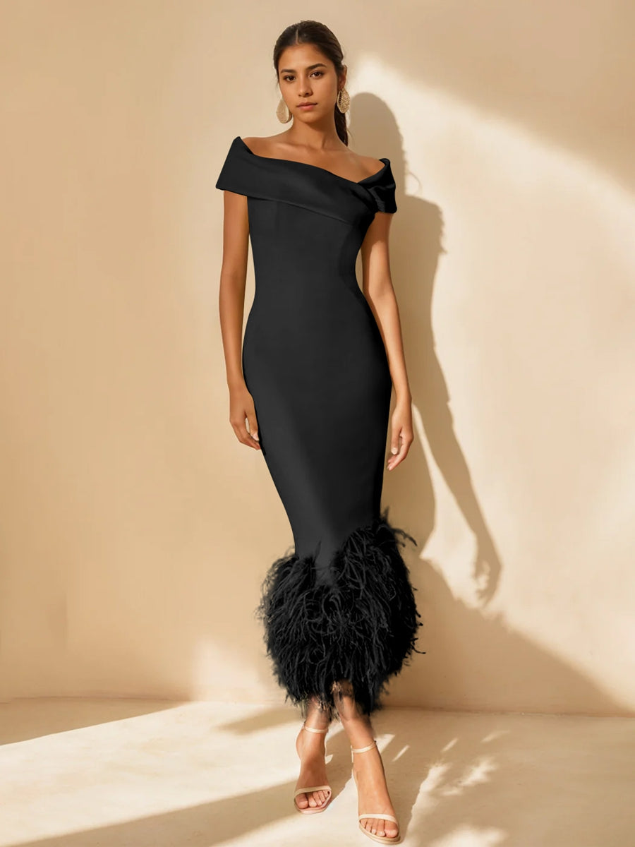 Off-the-Shoulder Mother of the Bride Dress with Feather Trim – Elegant Light Green Satin Tea-Length Gown 5