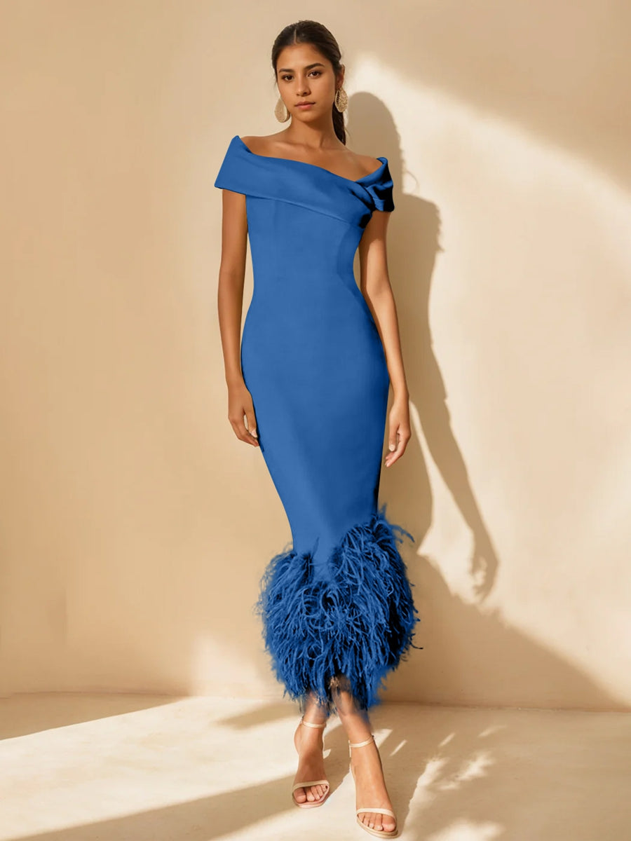 Off-the-Shoulder Mother of the Bride Dress with Feather Trim – Elegant Light Green Satin Tea-Length Gown 56