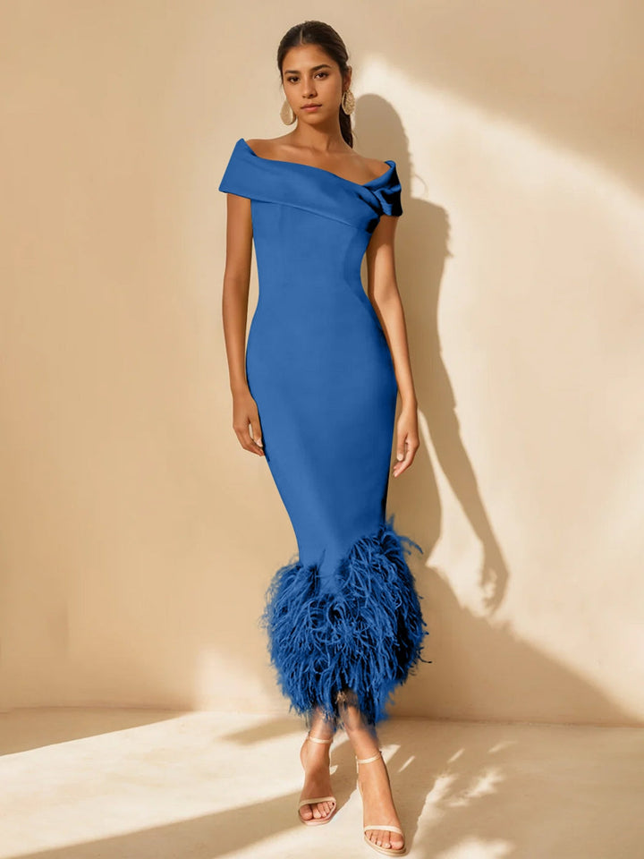Off-the-Shoulder Mother of the Bride Dress with Feather Trim – Elegant Light Green Satin Tea-Length Gown 56