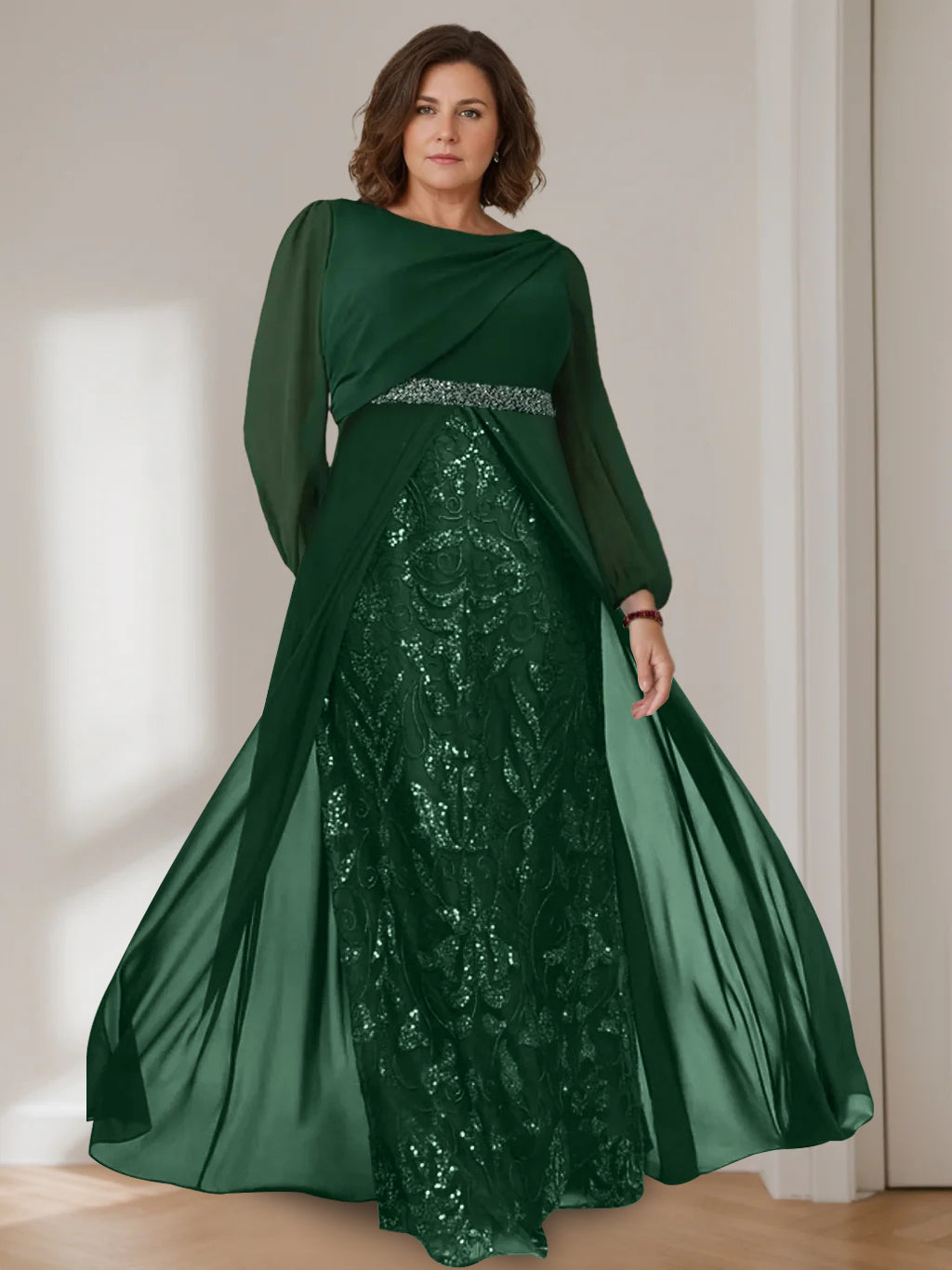 Plus size mother of the bride dress featuring sequins, a floor-length A-line silhouette, and elegant chiffon fabric in dark green. 0