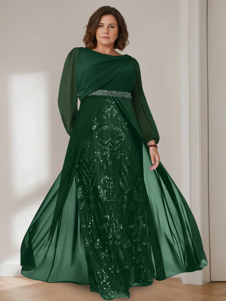 Plus size mother of the bride dress featuring sequins, a floor-length A-line silhouette, and elegant chiffon fabric in dark green. 0