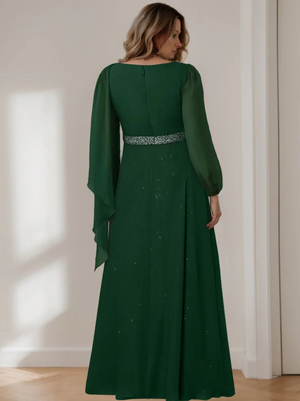 Plus size mother of the bride dress featuring sequins, a floor-length A-line silhouette, and elegant chiffon fabric in dark green. 1