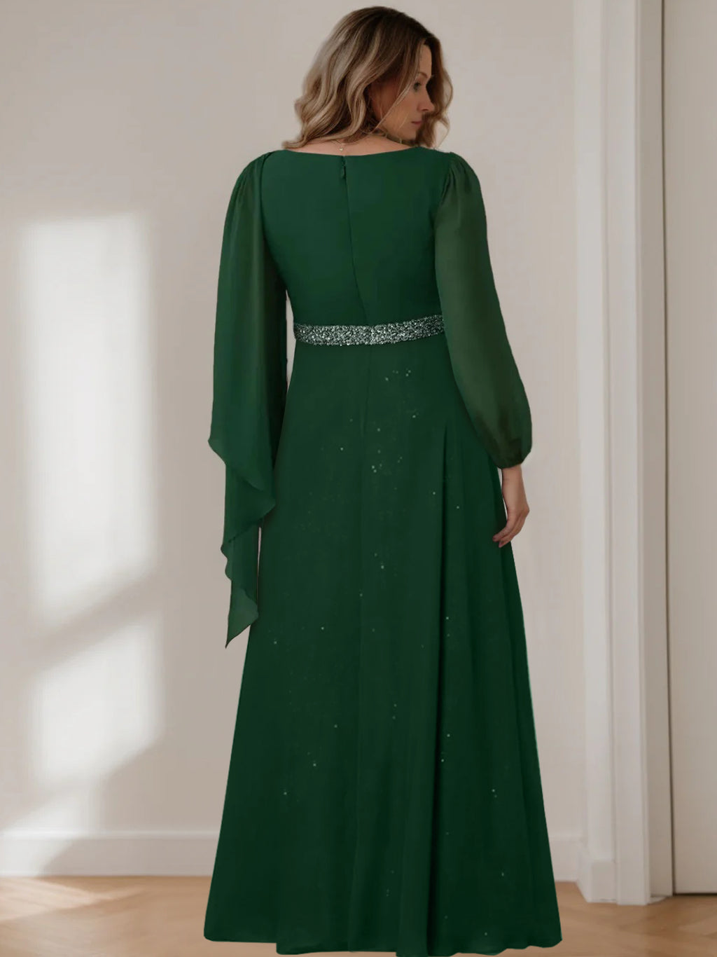 Plus size mother of the bride dress featuring sequins, a floor-length A-line silhouette, and elegant chiffon fabric in dark green. 1