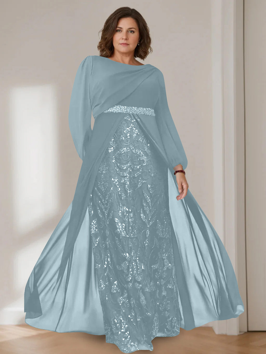 Plus size mother of the bride dress featuring sequins, a floor-length A-line silhouette, and elegant chiffon fabric in dark green. 15