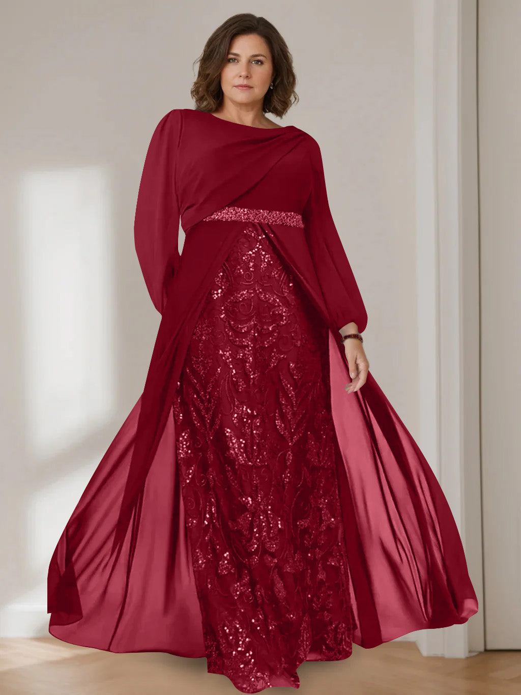Plus size mother of the bride dress featuring sequins, a floor-length A-line silhouette, and elegant chiffon fabric in dark green. 16