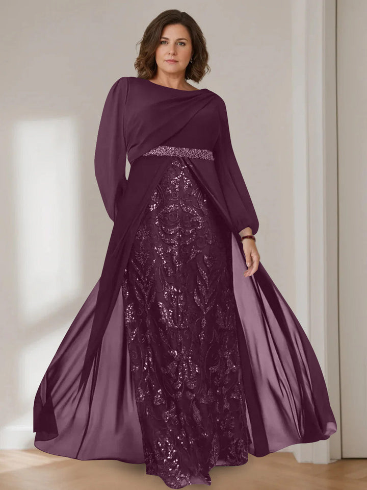 Plus size mother of the bride dress featuring sequins, a floor-length A-line silhouette, and elegant chiffon fabric in dark green. 17